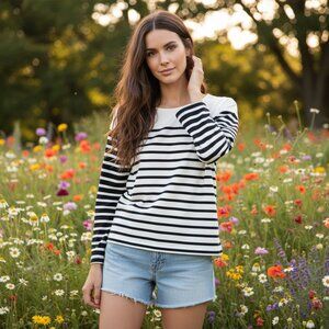 Maurices XXL Top Tee Black White Stripe LS Parisian Chic Coastal Preppy Casual